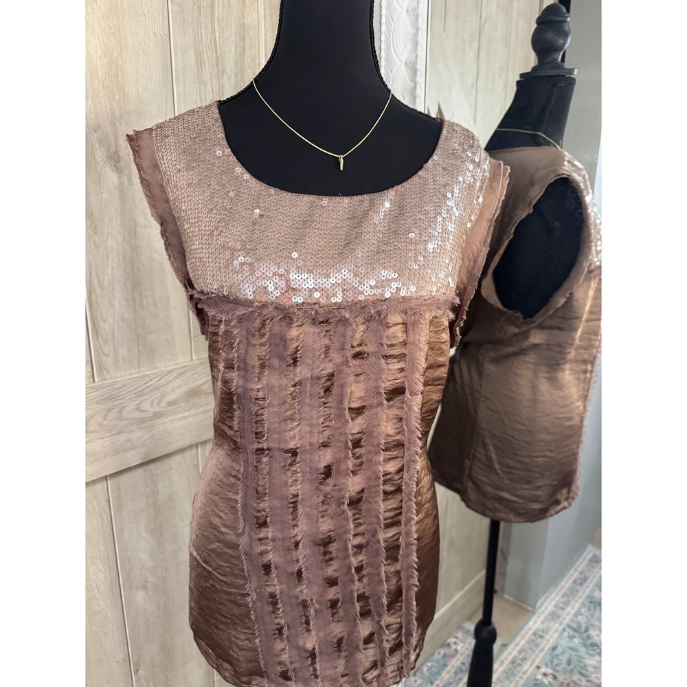 Sleeveless Sequin & Fringe Accent Blouse Top Bronze Brown Women's Size XL